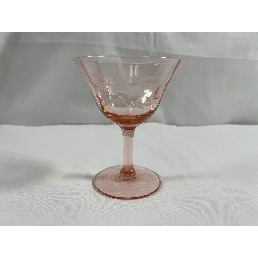 Lot o f 2 Vintage Pink Depression Martini Glass Floral Etched #675